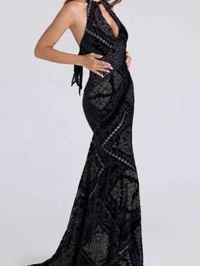 House of CB Black Halter Maxi Dress with Gold Embellishment